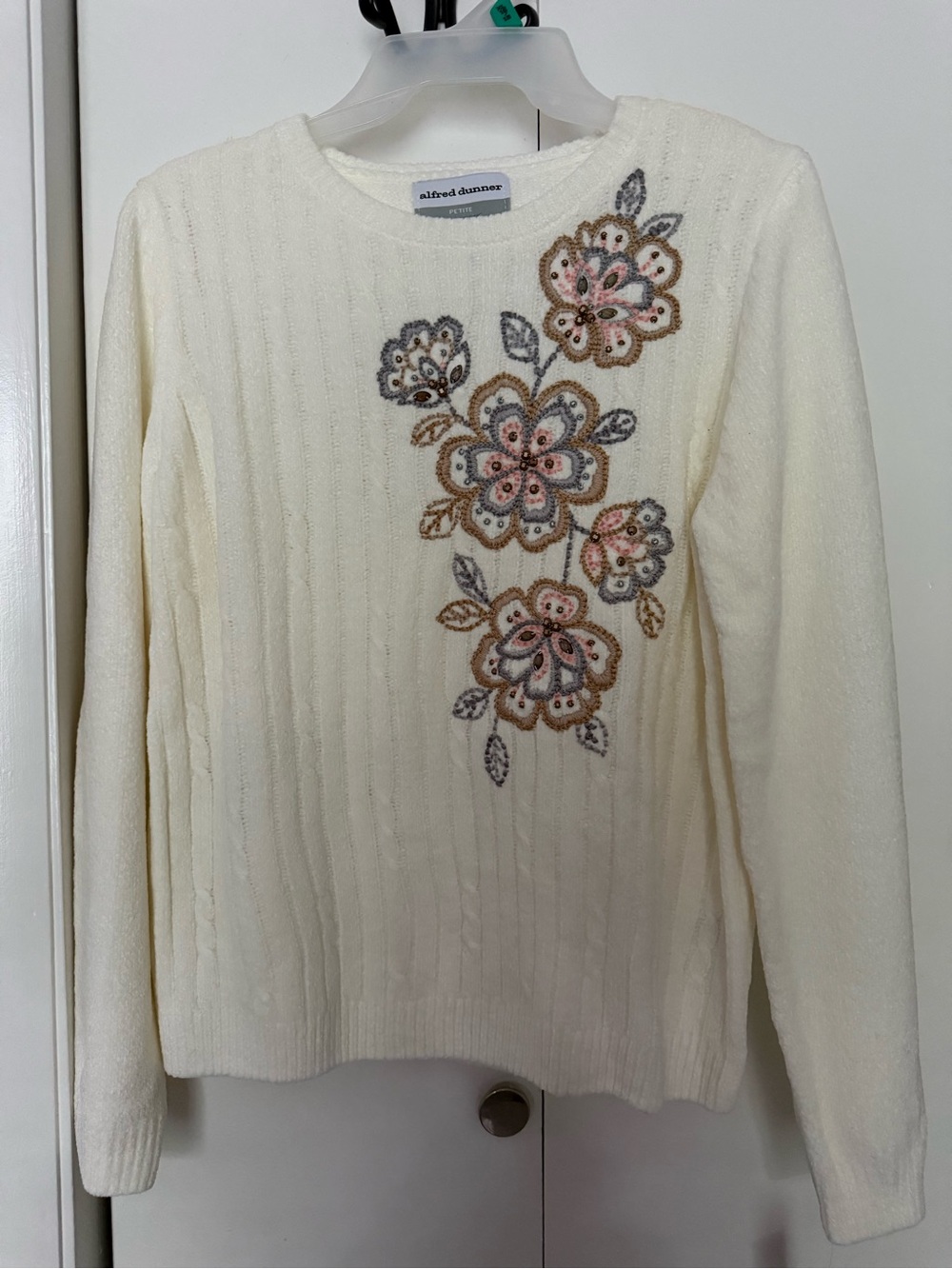 Alfred Dunner Cream Crewneck Sweater with Embroidered Floral Motif